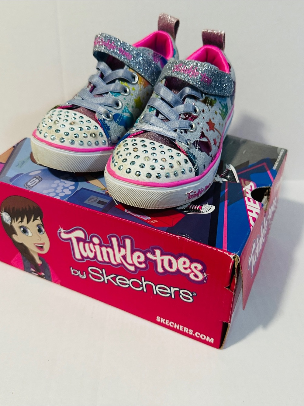 Skechers Twinkle Toes Glitter Star Sneakers - Silver, Pink & Blue
